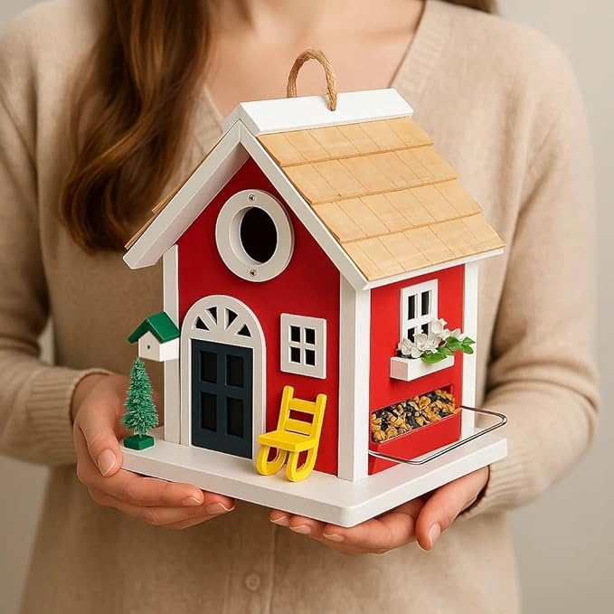 Masterpiece Bluebird House for Outside - Solid Cedar Wood Bird House Bird Feeder for Outdoor - Stainless Hardware - 2 Optional Hole Size 1.5" /1.25" - Garden Center Piece (Red Mansion)