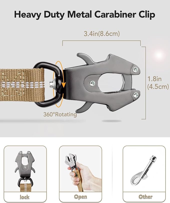 Joytale Tactical Bungee Dog Leash, Shock Absorbing No Pull, Coyote Brown | for Large Dogs That Pull, 2 Padded Handles for Control, Car Seatbelt Clip, Reflective for Night Safety, Metal Frog Clip