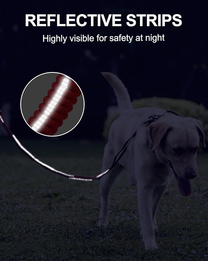 Joytale Tactical Bungee Dog Leash, Shock Absorbing No Pull, Red | For Large Dogs That Pull, 2 Padded Handles for Control, Car Seatbelt Clip, Reflective for Night Safety, Metal Frog Clip