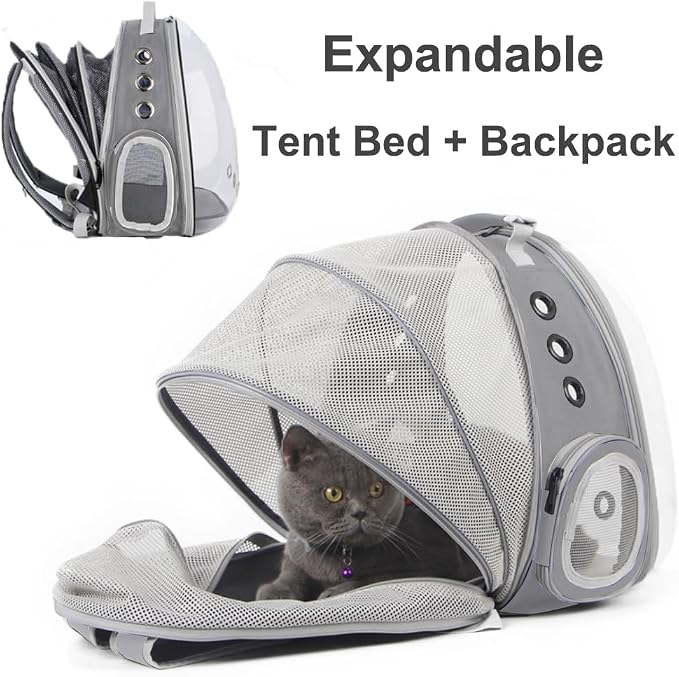 Back Expandable Cat Backpack Carrier, Fit up to 12 lbs, Space Capsule Bubble Window Pet Carrier Backpack for Kitten Bunny Rabbie and Small Puppy Grey