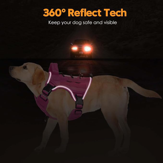 Heavy-Duty Tactical Dog Harness for Large Dogs, No Pull Adjustable Reflective Pet Vest with Molle System, K9 Military-Grade Control for Service Training, Outdoor & 10+ Breeds, Pink, Medium