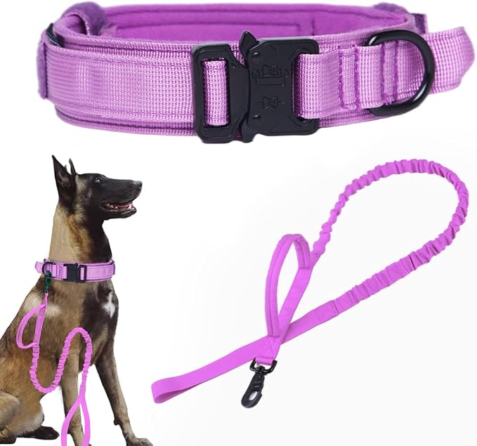 Tactical Dog Collar and Leash Set for Large Dogs with Control Handle,Purple | 1000D Heavy-Duty Nylon Fabric,Quick-Release Metal Buckle,Adjustable Fit,Soft-Padded Webbing,D-Ring,for Training & Hiking,XXL