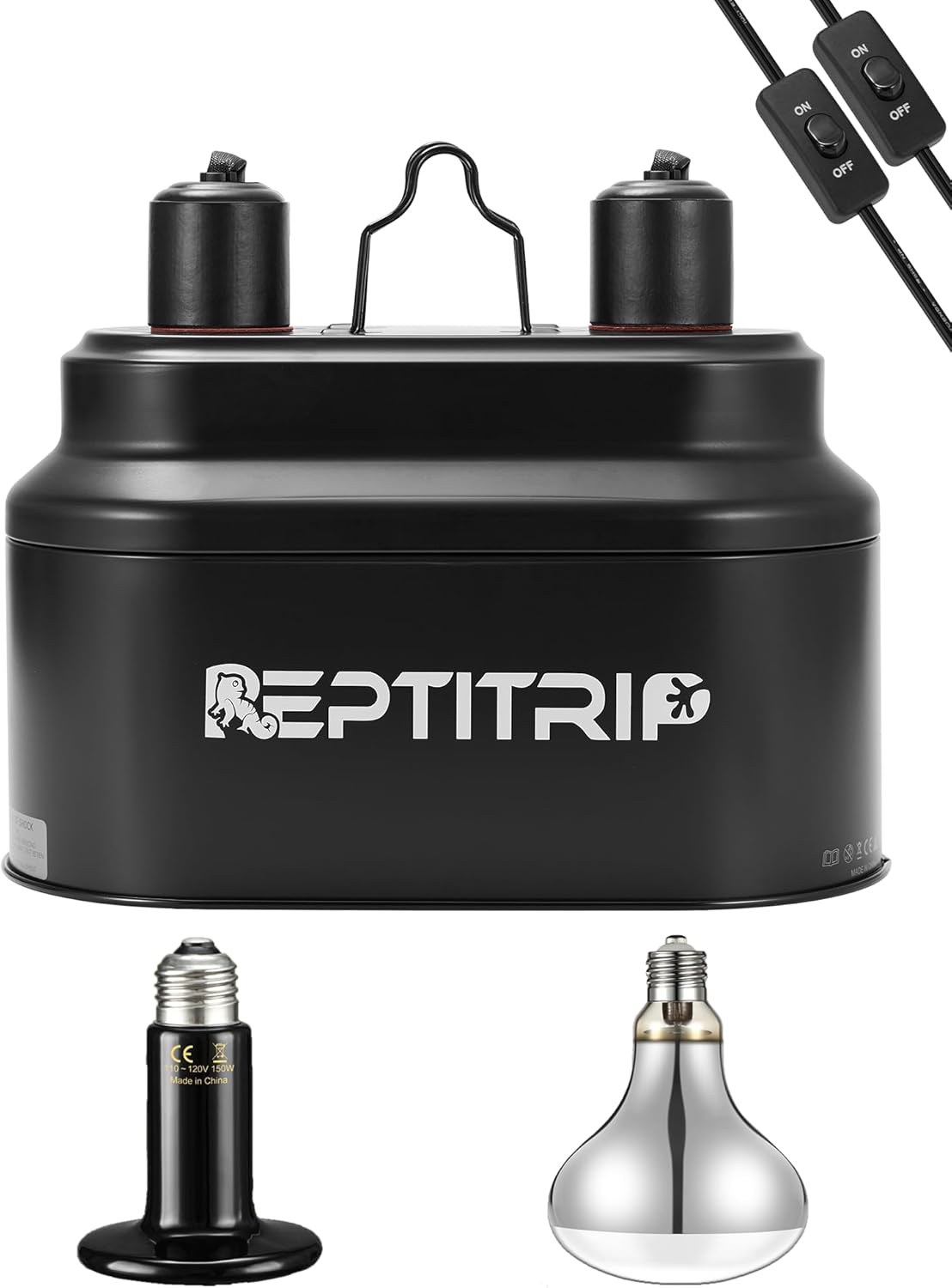 Dual Reptile Light Fixture with 100W Full Spectrum UVA UVB Light Bulb & 100W Nighttime Ceramic Heat Emitter, 2 Independent Switches, Reptile UVA UVB Light Combo Pack