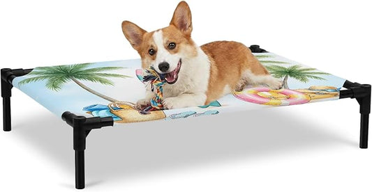 Outdoor Elevated Dog Bed for Large Dogs, Summer Beach Surfboard Breathable Cooling Raised Dog Cot for Indoor/Outdoor, Tropical Palm Tree Swimming Ring Waterproof Elevated Pet Beds, L 28 x 22 in