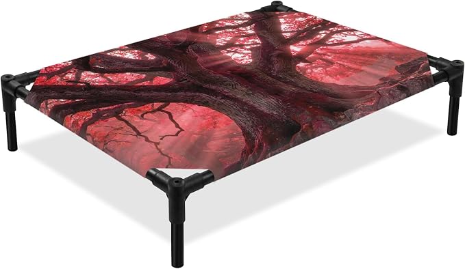 Outdoor Elevated Dog Bed for Large Dogs, Red Trees Breathable Cooling Raised Dog Cot for Indoor/Outdoor, Country Forest Branches Nature Light View Waterproof Elevated Pet Beds, L 28 x 22 in