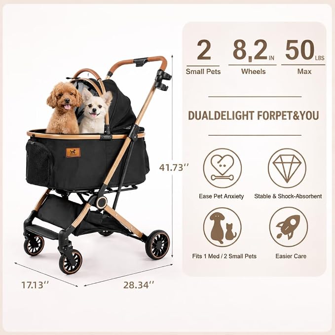 6-in-1 Foldable Dog Stroller for Small to Medium Dogs & Cats | Frame Supports up to 50 lbs, Luxury Black & Gold Pet Stroller with Detachable Carrier, Foldable Travel Stroller, 360° Wheels
