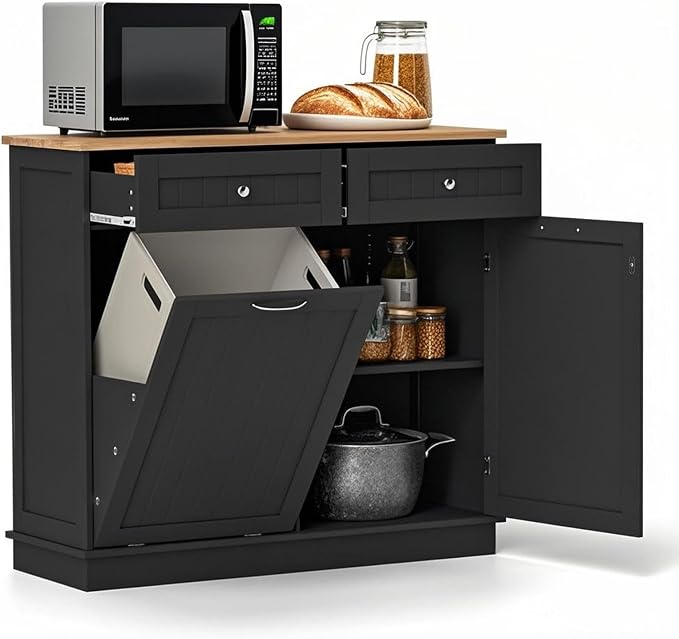 POWERSTONE Hidden Tilt Out Trash Cabinet Kitchen Island with 2 Drawers & Adjustable Shelf, Rubber Wood Countertop, Freestanding Laundry Hamper Recycle Bins, Pet Proof Garbage Can Holder Black