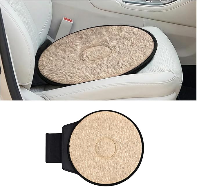360 Degree Swivel Car Seat Cushion, Round Rotating Non Slip Vehicle Chair Pad for Elderly Support, Portable Removable Automotive Interior Seat Assist Pad, Universal for Sedan RV Truck (Beige)