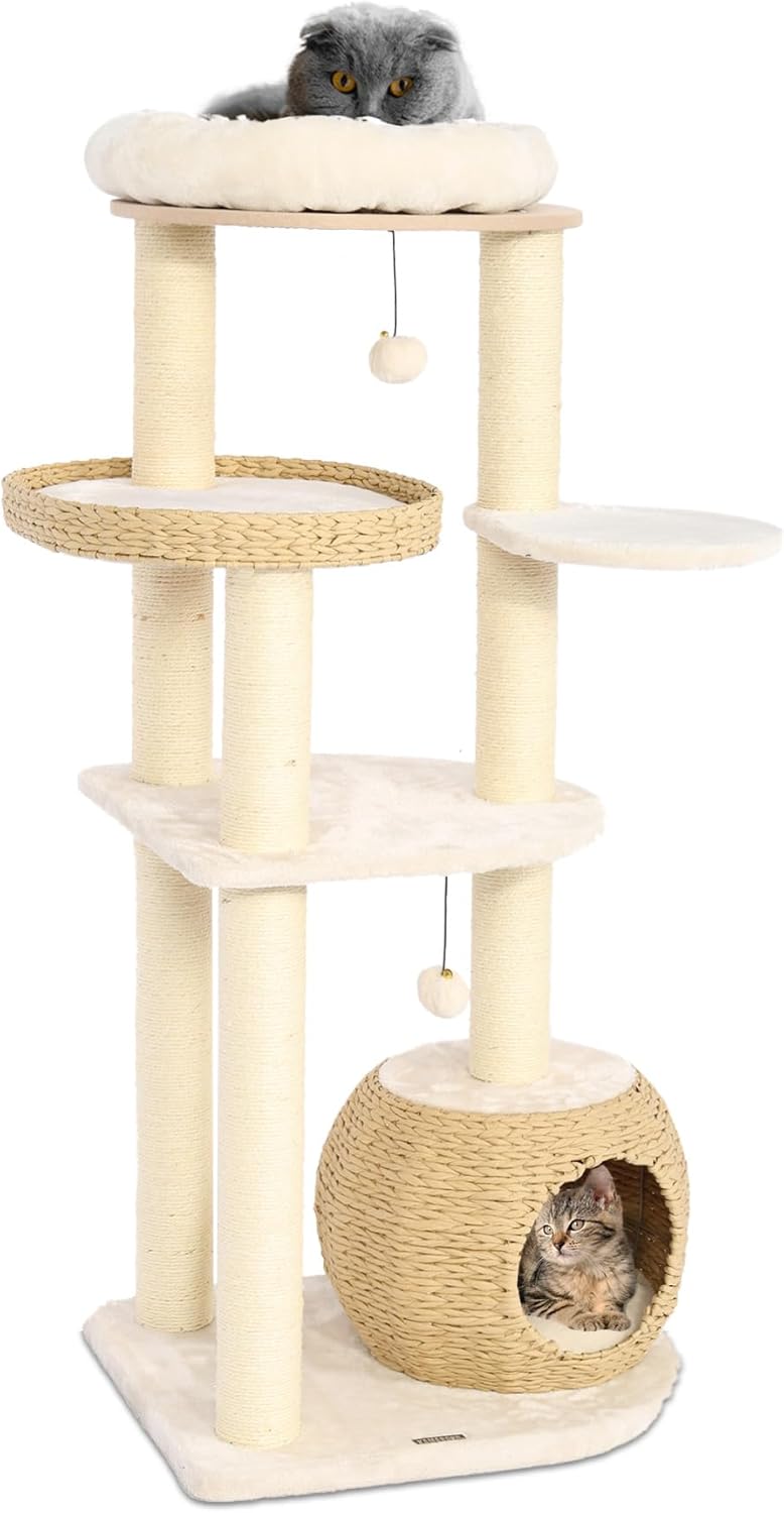 KAMABOKO Modern Cat Tree, 53" Cat Tower for Indoor Cats Natural Sisal Scratching Posts, Hand-Woven Condo & Top Perch, Cat Tree Tower for Kittens Climb Play & Rest