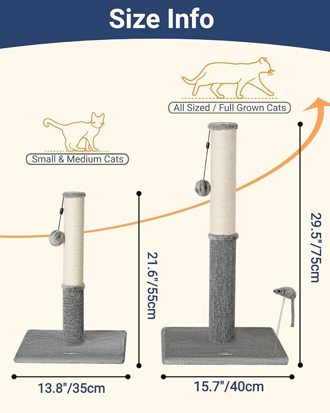 Happi N Pets Cat Scratching Post, Cat Scratcher for Indoor Cats, Sisal Scratching Post & Carpet Post in One, Stable Kitten Scratching Post with Replaceable Toy, Extra Free Toy, Light Gray