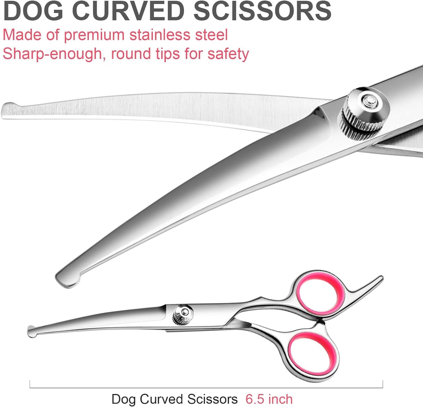 Dog Grooming Scissors with Safety Round Tips Stainless Steel Professional Dog Grooming Kit - Thinning, Curved Scissors and Comb for Cat Pet (Pink 4 in 1)