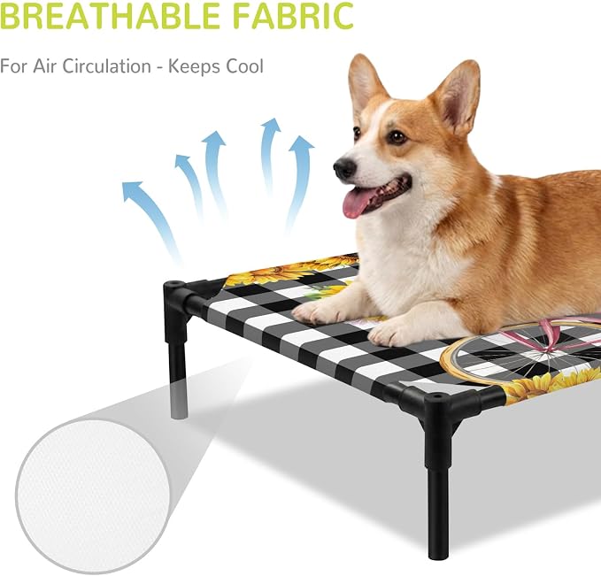 Outdoor Elevated Dog Bed for Large Dogs, Sunflowers Bicycle Breathable Cooling Raised Dog Cot for Indoor/Outdoor, Summer Budding Botanical Floral Lattice Waterproof Elevated Pet Beds, L 28 x 22 in
