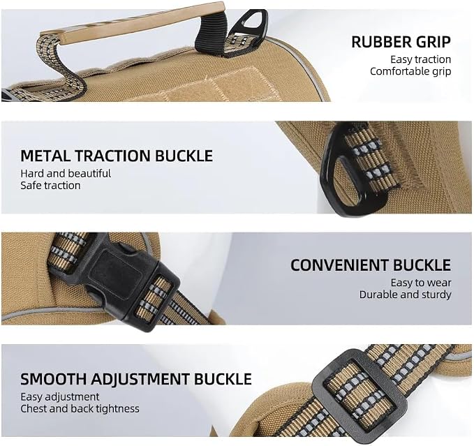 Tactical Dog Harness with Leash for Large Dogs, No Pull Adjustable Dog Harness, Reflective K9 Working Pet Vest for Walking, Training (Khaki, XL)