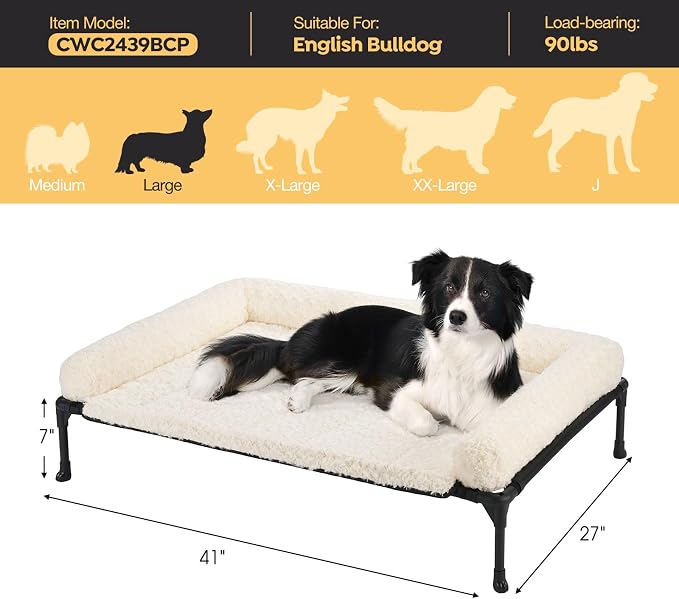 Veehoo Orthopedic Elevated Dog Bed Add Removable Deluxe Rose Plush Bolster Cushion Mat, 41" x 27" Washable Dog Couch Bed, Raised Pet Cot with Breathable Teslin Mesh, No-Slip Feet, White, CWC2439B