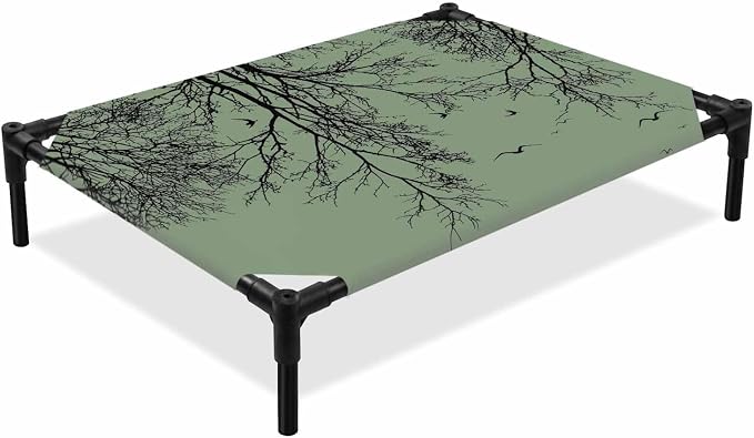 Outdoor Elevated Dog Bed for Large Dogs, Green Black Branches Breathable Cooling Raised Dog Cot for Indoor/Outdoor, Botanical Dead Tree Birds Waterproof Elevated Pet Beds, L 28 x 22 in