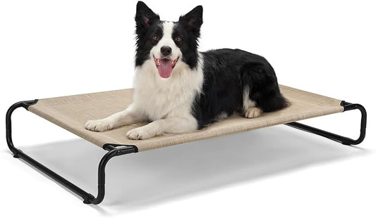 Veehoo Cooling Elevated Dog Bed, Outdoor Raised Dog Bed for Large Dogs | Dog Cot with Thickened Frame, Durable Teslin Mesh & Anti-Slip Rubber Feet, Pet Hammock for Indoor or Camping, 41", Beige