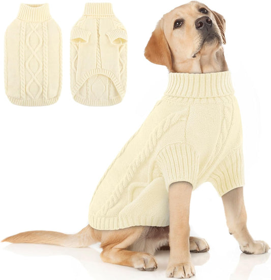 Queenmore Dog Sweater Large Size,Warm Dog Sweaters for Big Dogs,Chunky Knitted Doggy Sweater for Extra Large Dogs Boy Girl, Big Doggie Turtleneck Winter Outfit (White,2XL)