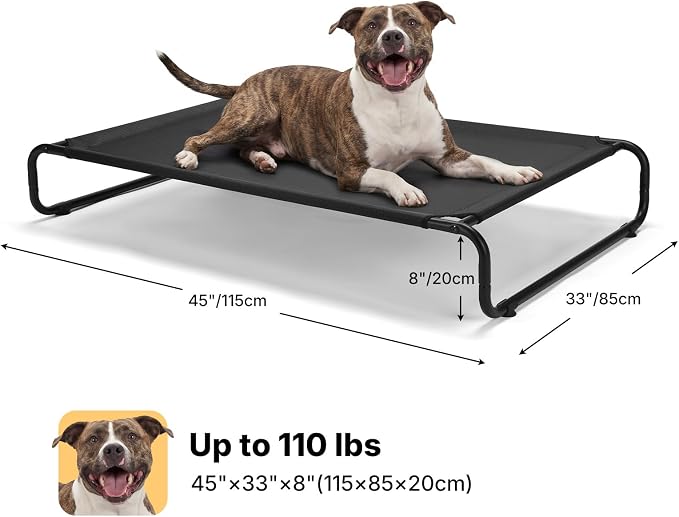 Veehoo Cooling Elevated Dog Bed, Outdoor Raised Dog Bed for Large Dogs | Dog Cot with Thickened Frame, Durable Teslin Mesh & Anti-Slip Rubber Feet, Pet Hammock for Indoor or Camping, 45", Black