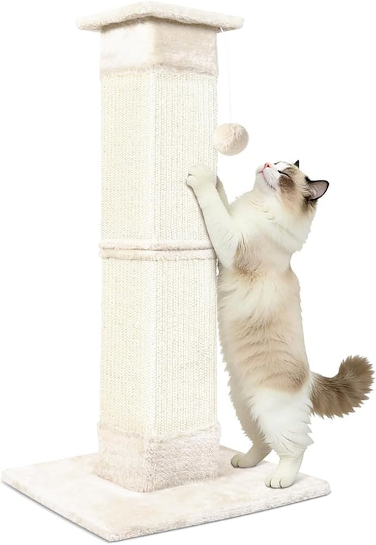 Cat Scratching Post 33 inch for Indoor Cats, Sisal Cat Scratcher, Vertical Posts with Dangling Ball, High Cat Scratch Post, Cat Tree for Full-Body Stretching, Protect Your Furniture, Beige White