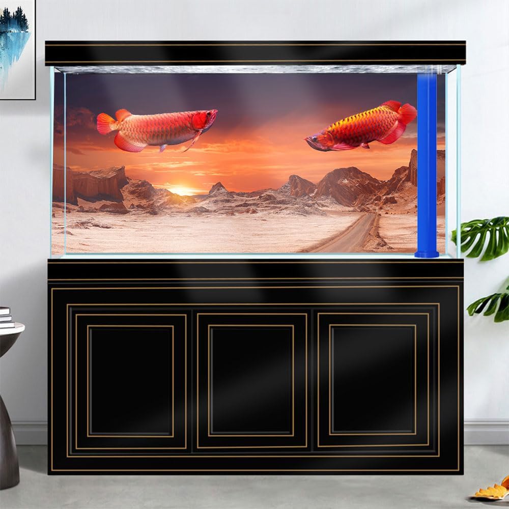 36X18IN Sun and Desert Moon Themed Reptile Habitat on Orange Durable Decorative Background, Terrarium Background with 10EVA Double-Sided Tape