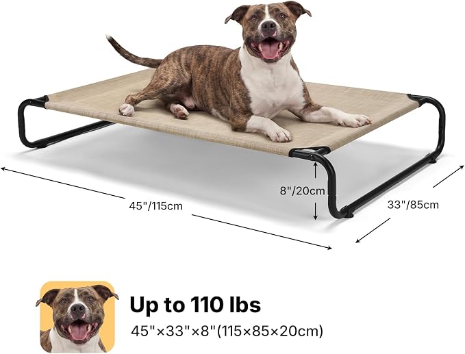 Veehoo Cooling Elevated Dog Bed, Outdoor Raised Dog Bed for Large Dogs | Dog Cot with Thickened Frame, Durable Teslin Mesh & Anti-Slip Rubber Feet, Pet Hammock for Indoor or Camping, 45", Beige