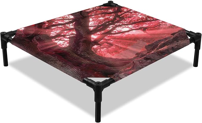 Outdoor Elevated Dog Bed for Small Dogs, Red Trees Breathable Cooling Raised Dog Cot for Indoor/Outdoor, Country Forest Branches Nature Light View Waterproof Elevated Pet Beds, S 20 x 20 in