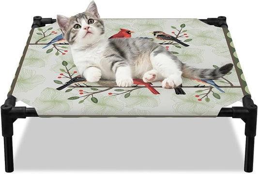 Outdoor Elevated Dog Bed for Small Dogs, Rustic Cardinal Bird Breathable Cooling Raised Dog Cot for Indoor/Outdoor, Green Leaves Branches Country Berries Waterproof Elevated Pet Beds, S 20 x 20 in