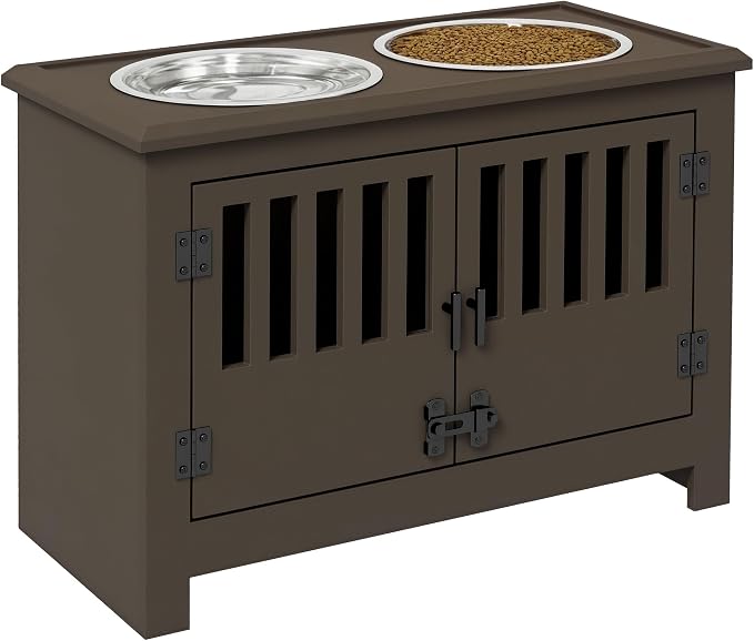 PawHut Large Elevated Dog Bowls with Storage Cabinet - 37L Capacity, Raised Dog Bowl Stand Feeding Station, Espresso | Raised Dog Bowl Stand Pet Food Bowl Dog Feeding Station