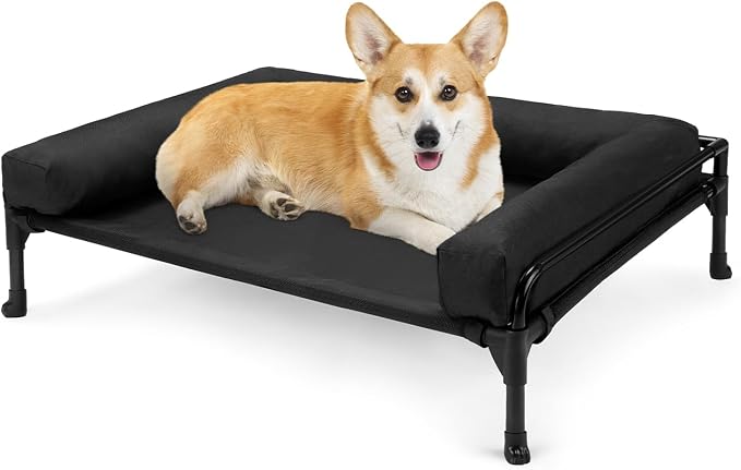 Veehoo Outdoor Elevated Dog Bed-Cooling Raised Dog Cot for Medium Sized Dog | Three-Sided Fence Raised Pet Cot with Mesh & No-Slip Feet Dog Hammock Bed with Removable Bolster-29" x 18" Black