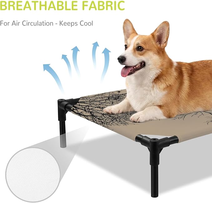Outdoor Elevated Dog Bed for Large Dogs, Brown Black Branches Breathable Cooling Raised Dog Cot for Indoor/Outdoor, Botanical Dead Tree Birds Waterproof Elevated Pet Beds, L 28 x 22 in