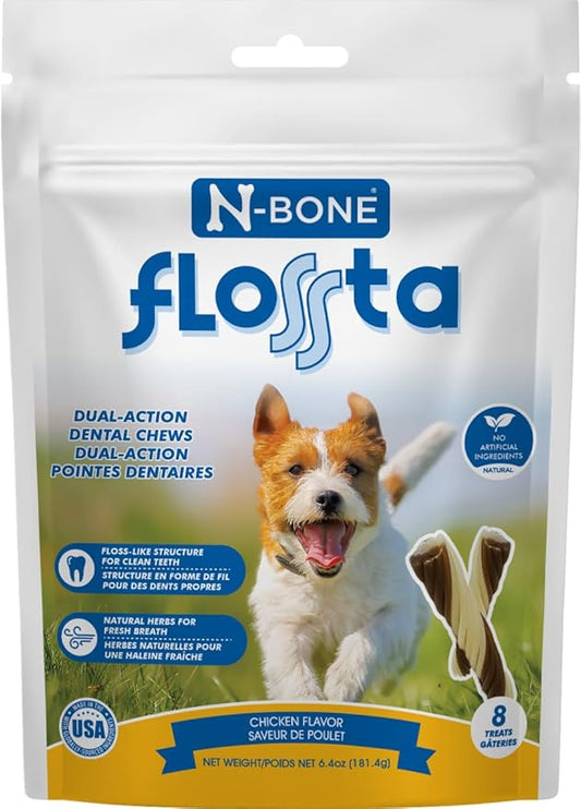 N-Bone FLOSSta Dental Chews for Dogs – Chicken Flavor, No Dyes, Grain-Free, Breath Freshening, Plaque & Tartar Control, Digestible Teething Aid – 6.4 oz Bag, Made in USA