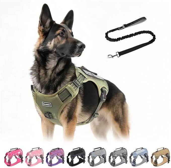 Tactical Dog Harness with Leash for Large Dogs, No Pull Adjustable Dog Harness, Reflective K9 Working Pet Vest for Walking, Training (Army Green, XL)