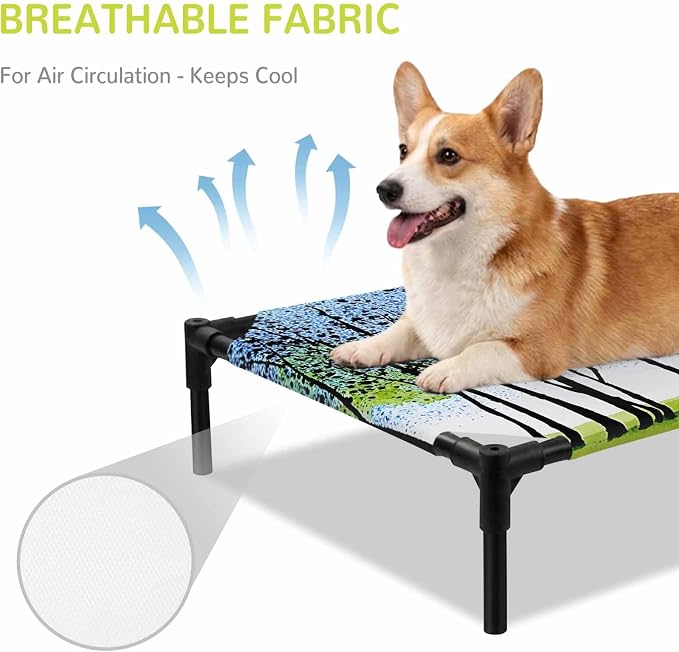 Outdoor Elevated Dog Bed for Medium Dogs, Blue Green Forest Breathable Cooling Raised Dog Cot for Indoor/Outdoor, Modern Nature Tree Branch Landscape Waterproof Elevated Pet Beds, M 24 x 20 in