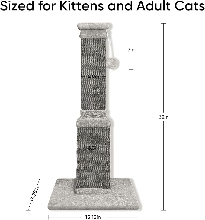 Cat Scratching Post, 32 Inch Cat Scratching Posts for Large Cats, Scratching Posts for Indoor Cats Adults, Cat Scratch Post with Nature Sisal, Full Gray