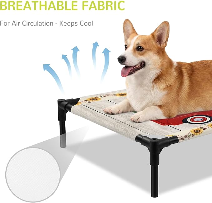 Outdoor Elevated Dog Bed for Large Dogs, Sunflowers Breathable Cooling Raised Dog Cot for Indoor/Outdoor, Country Botanical Bees Red Truck Wooden Plank Waterproof Elevated Pet Beds, L 28 x 22 in