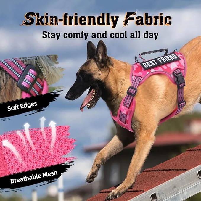 Tactical Dog Harness with Leash for Large Dogs, No Pull Adjustable Dog Harness, Reflective K9 Working Pet Vest for Walking, Training (Fuchsia Camo, XL)