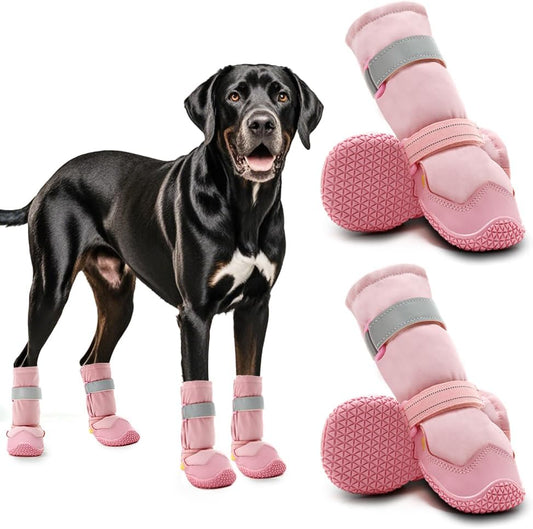 Hcpet Dog Shoes, Dog Boots & Paw Protectors for Winter Snowy Days, Rainy Weather, Outdoor Anti-Slip Sole Dog Booties for Hardwood Floor Pink-Leg 5