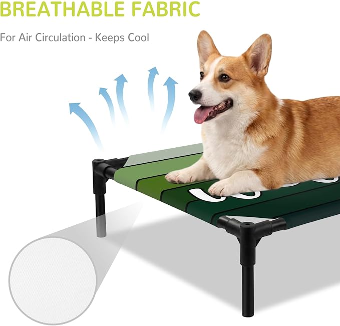 Outdoor Elevated Dog Bed for Medium Dogs, Green Wooden Grain Breathable Cooling Raised Dog Cot for Indoor/Outdoor, Ombre Farmhouse Country Wood Plank Waterproof Elevated Pet Beds, M 24 x 20 in
