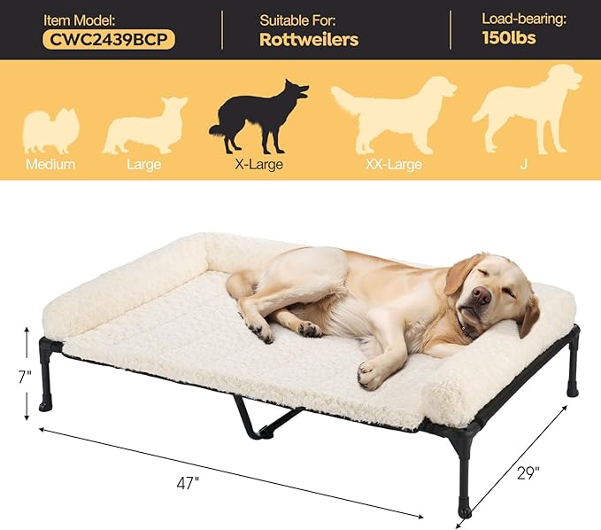 Veehoo Orthopedic Elevated Dog Bed Add Removable Deluxe Rose Plush Bolster Cushion Mat, 47" x 29" Washable Dog Couch Bed, Raised Pet Cot with Breathable Teslin Mesh, No-Slip Feet, White, CWC2439B