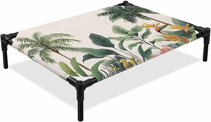 Outdoor Elevated Dog Bed for Large Dogs, Summer Palm Tree Breathable Cooling Raised Dog Cot for Indoor/Outdoor, Tropical Botanical Floral Coastal Rustic Waterproof Elevated Pet Beds, L 28 x 22 in