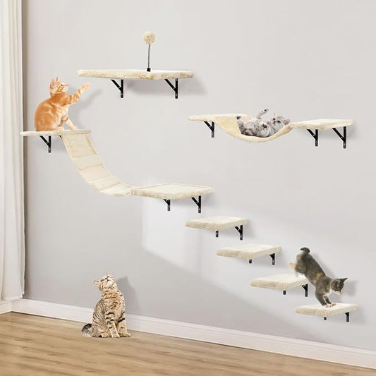 Wall-Mounted Cat Climber Set,Space-Saving Cat Wall Shelves for Large Cats | Multi-Level Climbing, Wood Wall Furniture, Perches, Bridge, Hammock, Scratcher, Indoor 40 lbs Small Place Corner Room Play