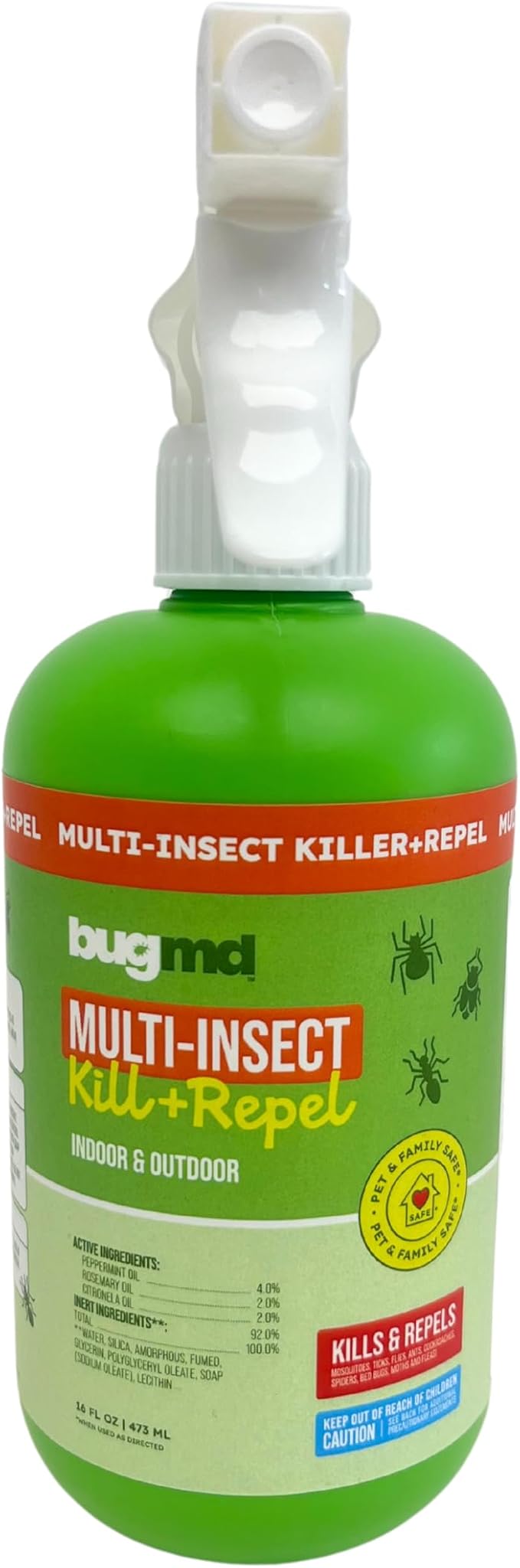 BugMD Pet Safe Multi-Insect Killer & Repellent | Peppermint Oil Spray for Spiders, Ants & Roaches | Indoor & Outdoor Bug Spray