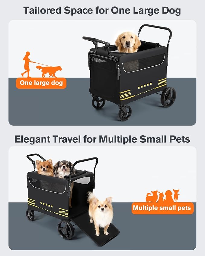 All Terrain Pet Stroller for Medium & Large Dogs with Ramp | Foldable Dog Stroller with Brakes, 3 Entrances, Dual Adjustable Handles with Reversible Push, 160lbs Weight Capacity