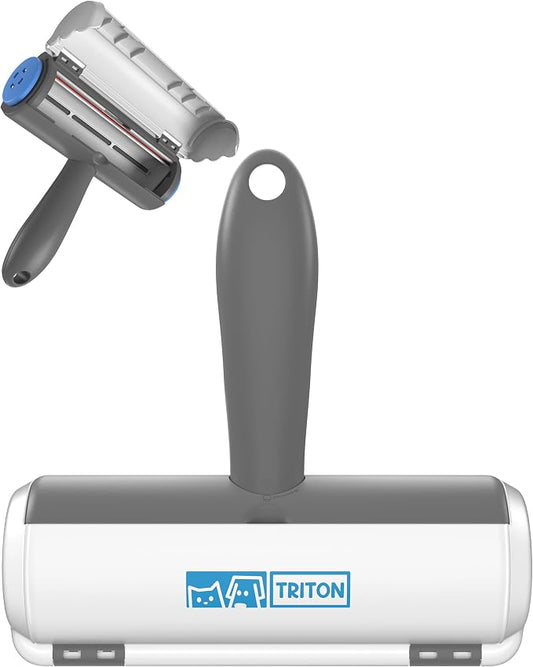 Triton Pet Hair Removal Tool w/Fur Trapping Compartment, Gray/White | 60% Smaller Storage Size, Detachable Handle, Reusable Shedding Roller, Cleaner, For Cat and Dog Hair, Couch Brush, For Car