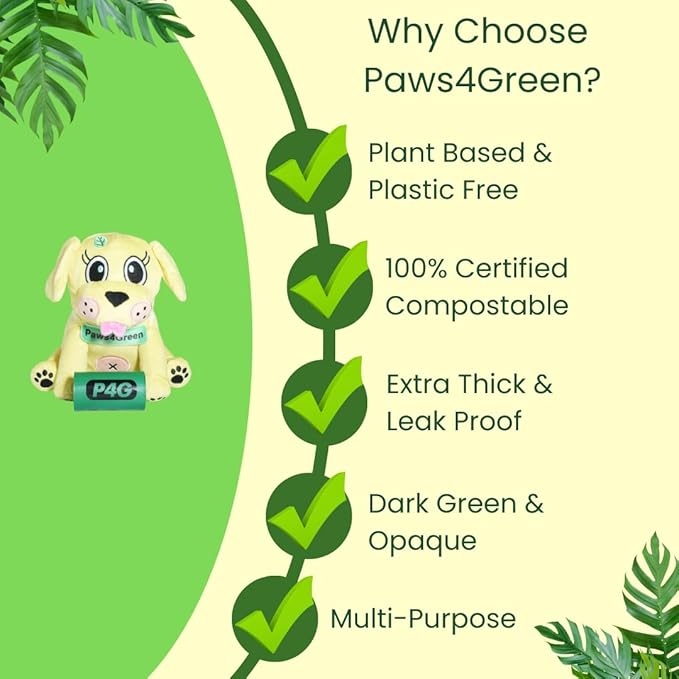 Paws4Green 100% Certified Home Compostable Poop Bags (90Count 6 Rolls), Plant Based, Extra Thick (20 Micron) Leak Proof, Unscented Standard Size 9 X 13'', ASTM D6400 & EN 13432 Compliant