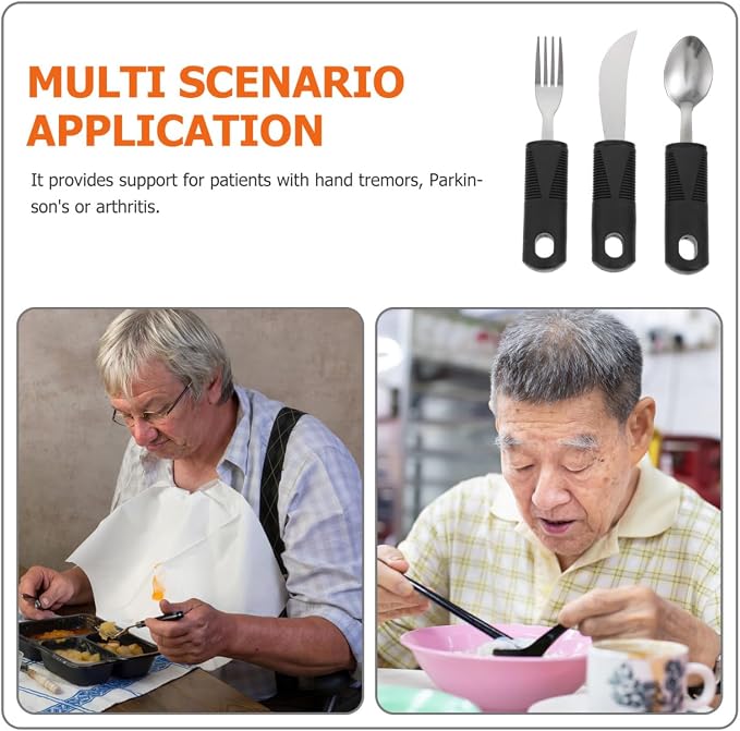 Healifty Adaptive Utensils Anti-Shake Tableware Set 3-Piece Non-Weighted Non-Slip Raised Handle Cutlery 7.87 Inch Fork Spoon Cutter for Elderly Arthritis Tremor Support