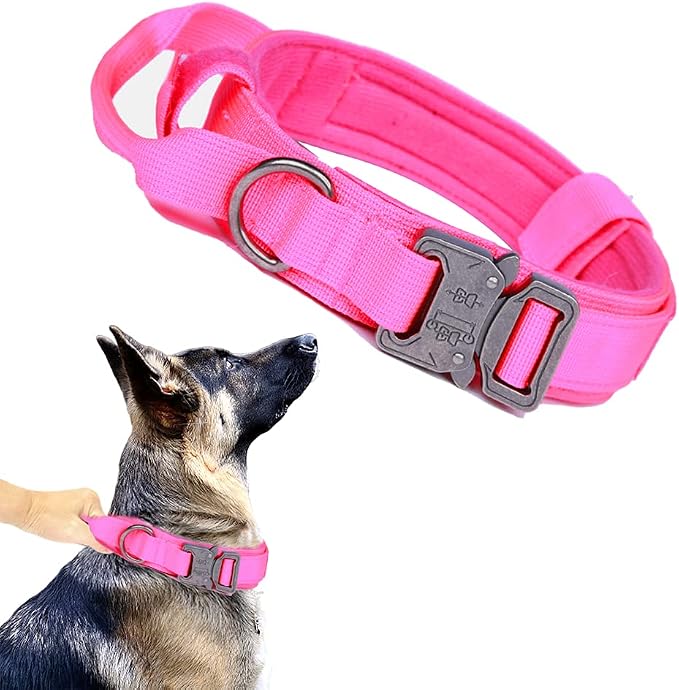Tactical Dog Collar for Large Dogs with Control Handle,Pink,XL | 1000D Heavy-Duty Nylon Fabric,Quick-Release Metal Buckle,Adjustable Fit,Soft-Padded Webbing,D-Ring,for Training & Hiking