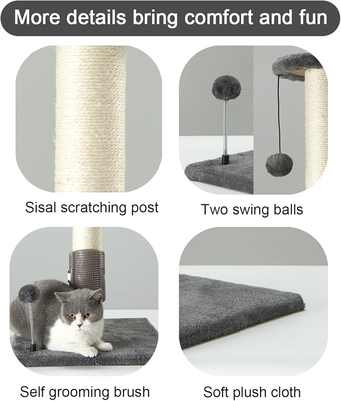 PEEKAB 32" Tall Cat Scratching Post Sisal Scratch Posts,with Hanging Ball and Self-Massage Brush Vertical Scratcher for Indoor Cats and Kittens Gray 32inches