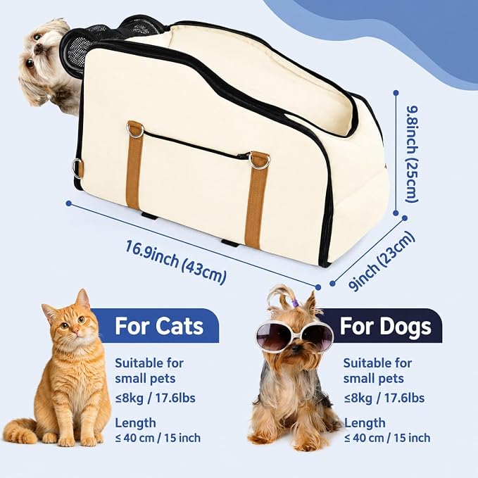 Center Console Pet Carrier for Small Dogs & Cats, Dog Car Seat with Foldable Top Window and Non-Slip Safety Straps, Travel Backpack