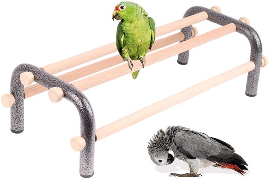 Large Bird Training Perch Long Stand for African Grey Macaw Big Birds, Rustproof Metal Durable Heavy Duty Metal Frame with 4 Wooden Bars for Bird to Play Climb and Exercise Toy